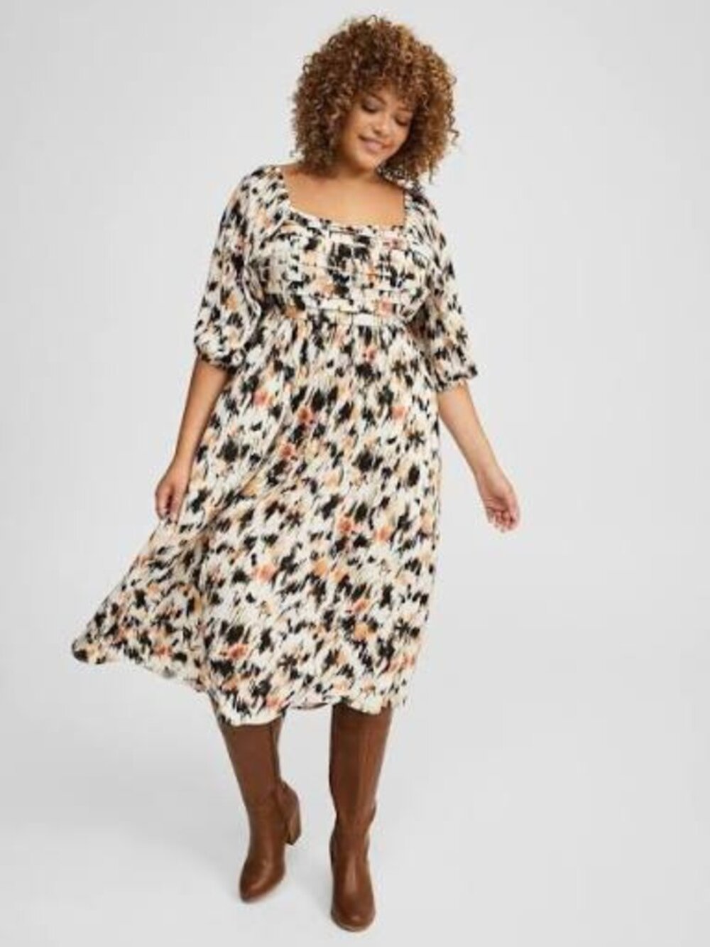 Torrid Size 3 Abstract Print Midi Dress Smocked Back Puff Sleeves Boho
